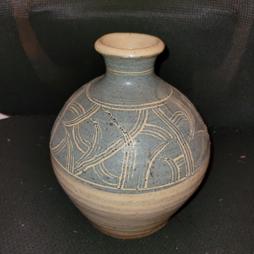Handcrafted Ceramic Vase with Blue and Cream Design marked on bottom